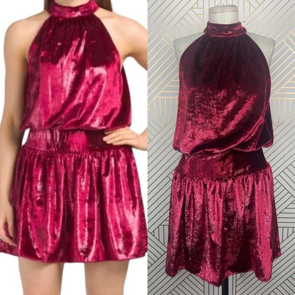 Ramy Brook Ellin Halter Dress in Deep Red Velvet Size US Large